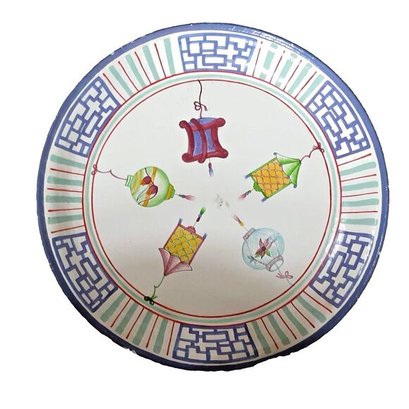 Vintage large tray hand painted Chinoiserie lanterns 20"Thailand decor